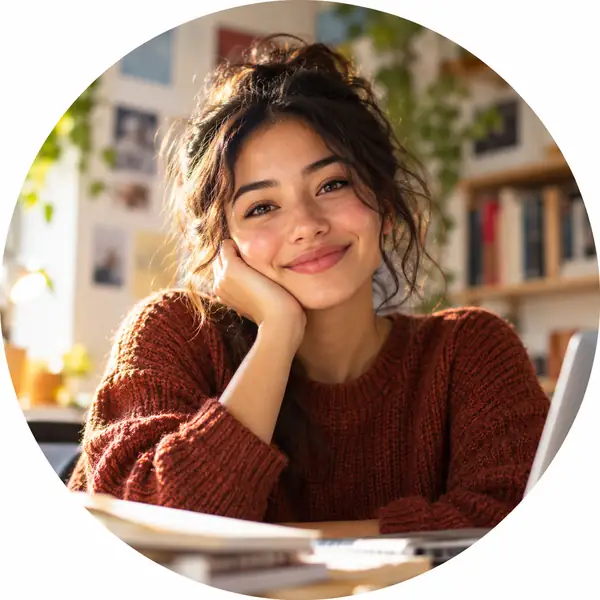 Ein warmes, illustriertes Porträt von Maya, einer Universitätsstudentin, in einem hellen runden Bildausschnitt.