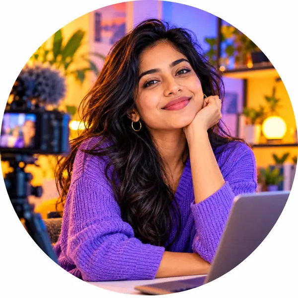 Ein farbenfrohes, illustriertes Porträt von Priya, einer Video-Creatorin, in einem hellen runden Bildausschnitt.