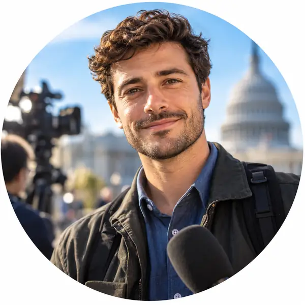 Ein selbstbewusstes, illustriertes Porträt von Sam, einem Journalisten, in einem hellen runden Bildausschnitt.